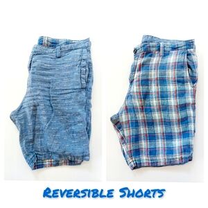 Reversible Linen Shorts Tommy Bahama size 36 Blue Plaid‎ or Light Blue & Chevron